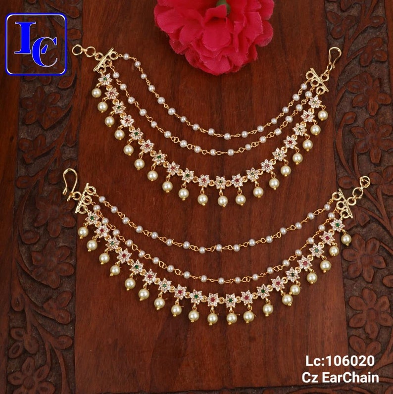 Gold Plated Pearl Polaki Saharey Ear chain For earrings Jewelry Earchain Ear Support Chain Sahare Kaan Chain Indian Ethnic Jhumka Chain 003