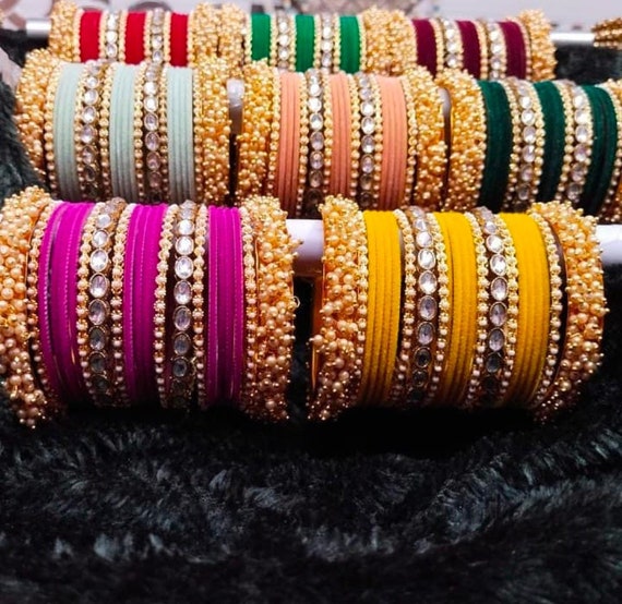 Designer Art Kundan Beaded Velvet Fashion Bridal Bangles Set for