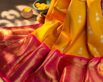 Kanchipuram Silk Saree,Yellow Saree,Indian saree,South Saree,Silk Saree ,Traditional Sari,Indian Sari,Stylish saree ,Cotton Saree,Saree,Sari