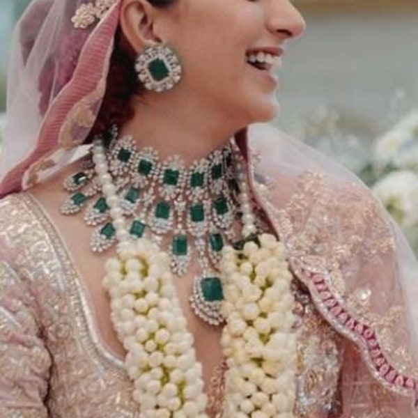 Kiara Advani Wedding Green American CZ Choker Bridal Wedding Necklace Indian Jewelry | Sparkling Emerald Jewelry | Bridesmaid Jewelry Gifts