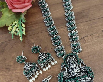 Indian Oxidized Temple Necklace Set with Earrings Green Color Indian Jewellery Western Silver Necklace Dangler Hoop Pendant Rakhi Gift Sis