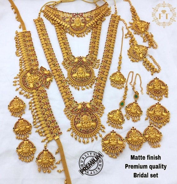 Bridal Wedding Set | Matte Golden Temple Jewellery Set With Earrings  Maangtika And Kamar Patti | Hip Belt for Women | South Indian Necklace