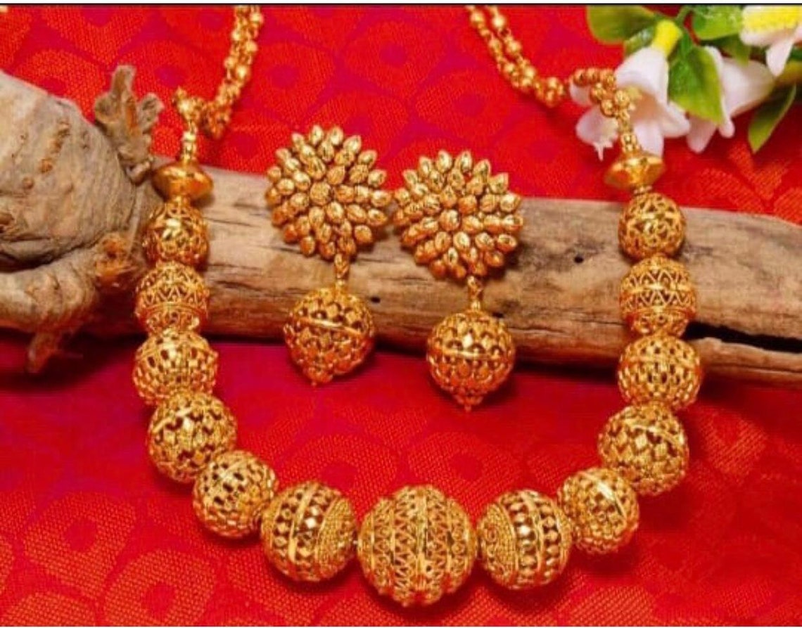 New Matte Finish Big Bead Gold Plated Necklace Set With Etsy