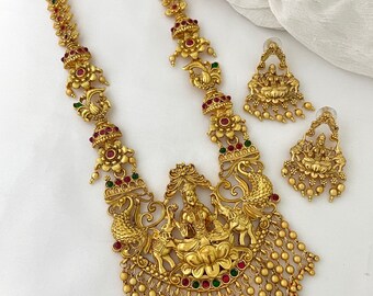 Long Haram Laxmi Antique Matte Golden Temple Necklace Set Bridal jewelry, Indian jewelry, Gold Necklace, South Indian Jewelry, Traditional