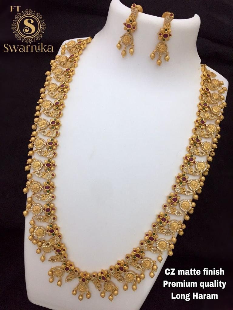 New CZ Matte Finish Long Haram Necklace Set With Earrings Premium