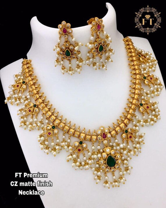 CZ Matte Finish Long Haram Necklace Set 