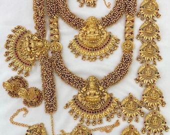 Gold-Plated Traditional South Indian Bridal Necklace Combo Set, Bridal Wedding Jewelry Set, Jhumka Earrings with Tikka, Best Gift For Her.