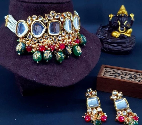 Off White Polki Kundan Choker Necklace Set With Earrings Jaipur
