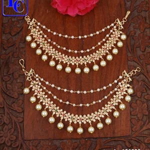 Gold Plated Pearl Polaki Saharey Ear chain For earrings Jewelry Earchain Ear Support Chain Sahare Kaan Chain Indian Ethnic Jhumka Chain 002