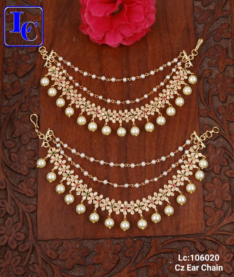 Gold Plated Pearl Polaki Saharey Ear chain For earrings Jewelry Earchain Ear Support Chain Sahare Kaan Chain Indian Ethnic Jhumka Chain 002