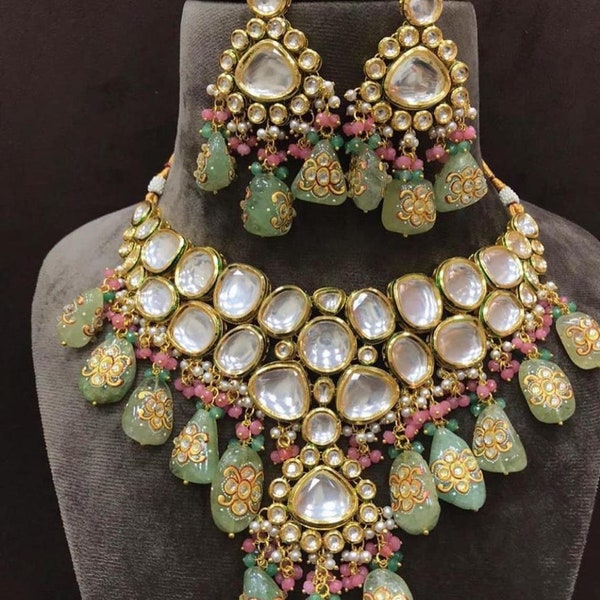 Jadau Kundan Handmade Hand Painted Meenakari Kundan Choker Emerald Semiprecious Stone Kundan Choker Necklace Jaipur Kundan, Indian Jewelry