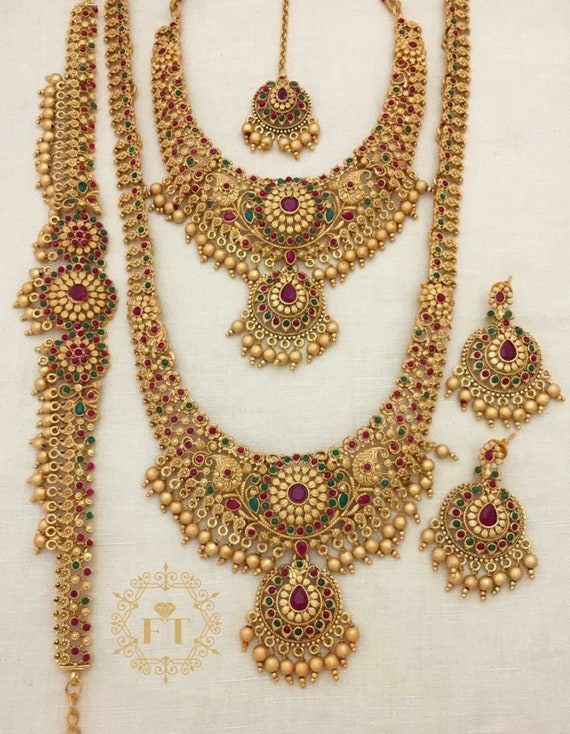 Long Haram and Choker Matte Golden Temple Jewellery Set With
