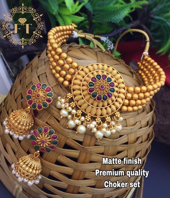 Round Matte Finish Gold Plated Necklace Set with Beautiful Earrings Indian Jewelry Gift for Sister Earrings Rakhi Gifts wife