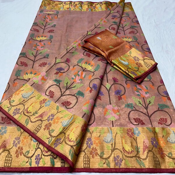 Stunning Double Tissue Saree with Paithani Border and Pure Zari Kota - Perfect for any Occasion Pure Handmade Saree Gift for her