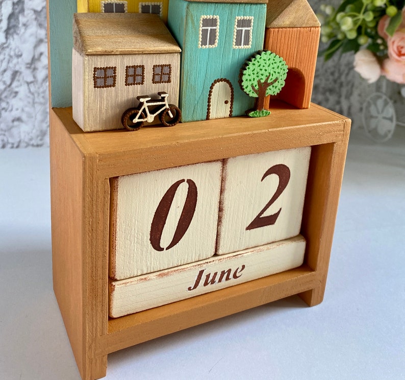 Wooden perpetual calendar with miniature houses for home Etsy