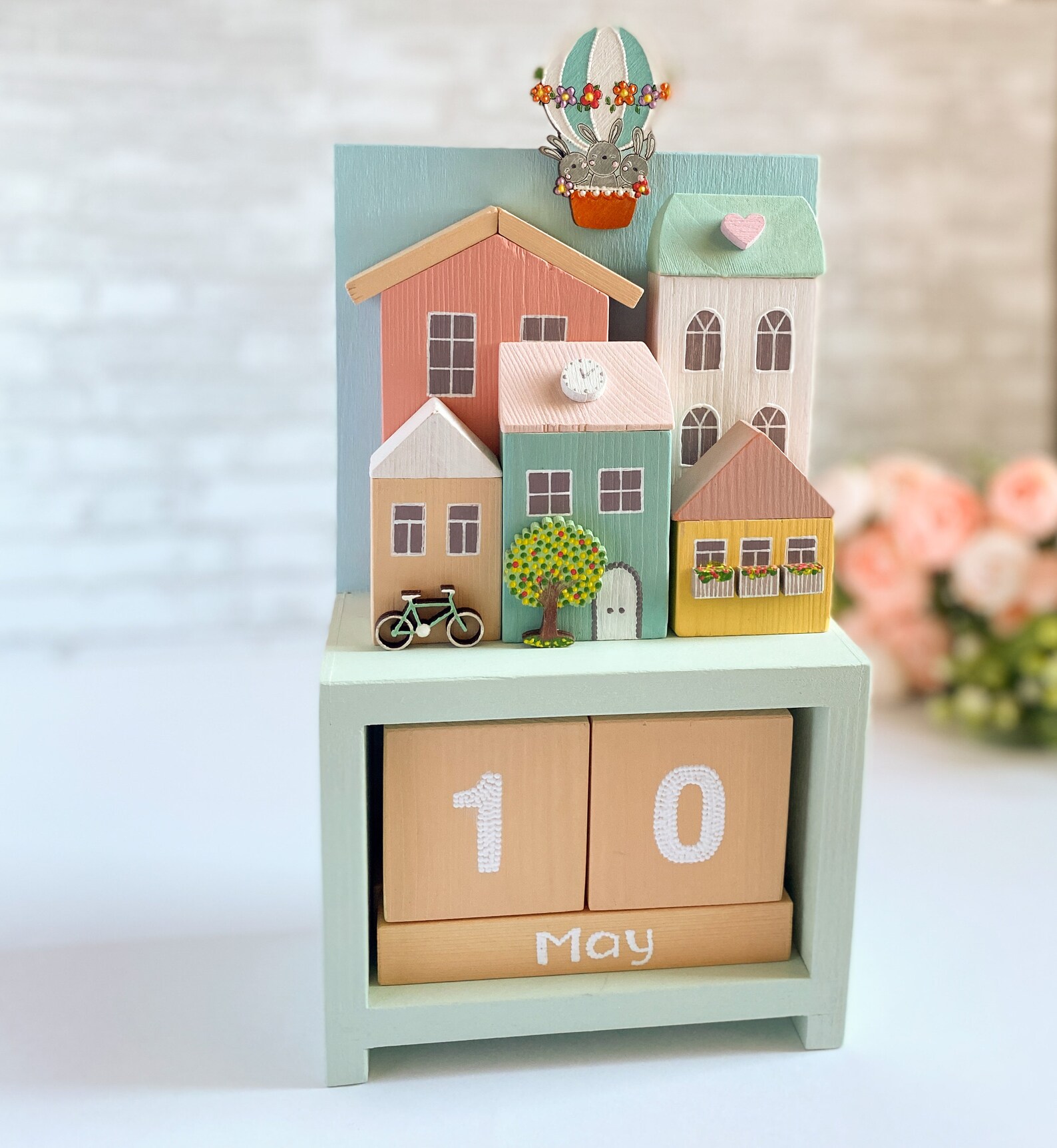 Wooden perpetual calendar with miniature houses for home Etsy