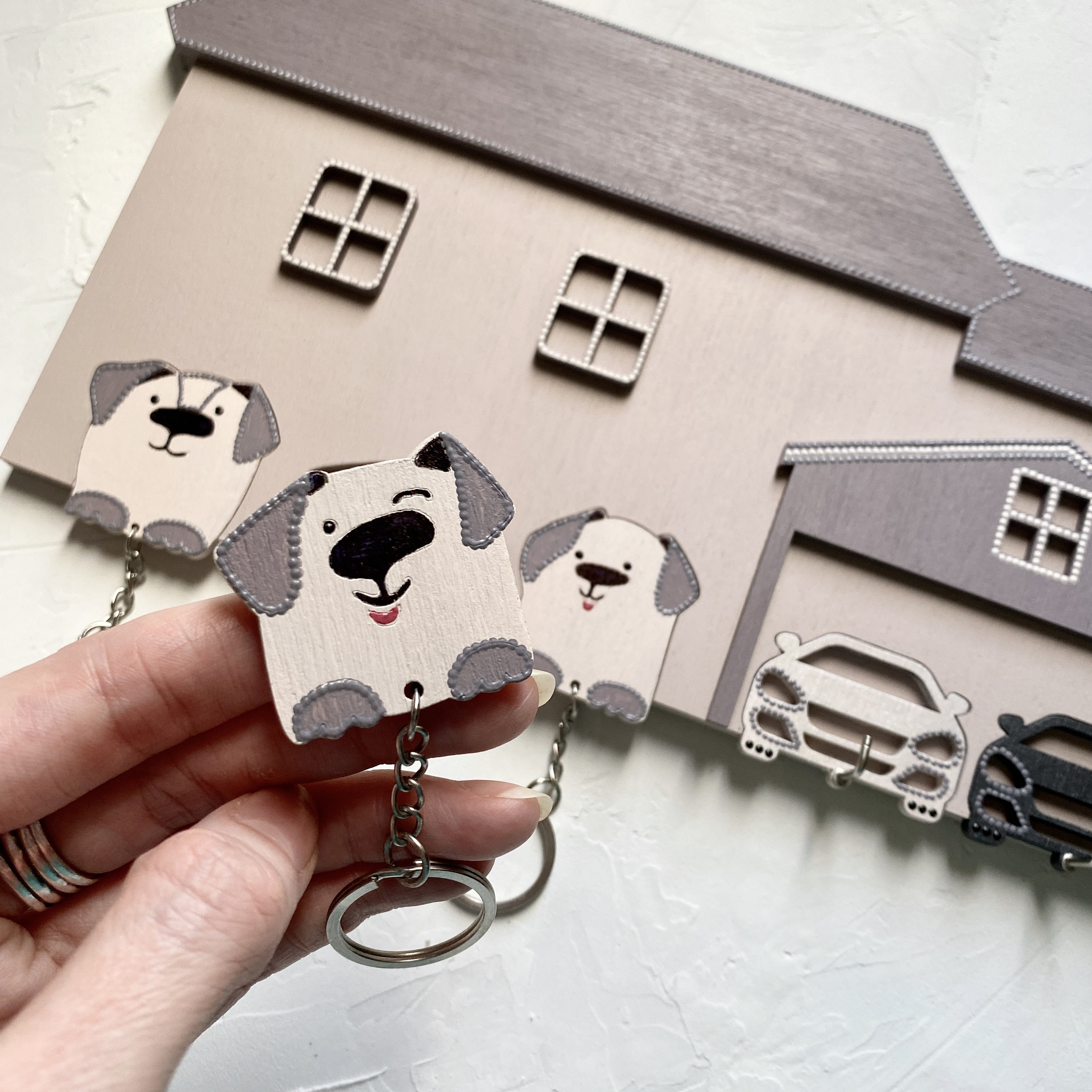 Wooden key holder for the wall with dog keychains and a hook Etsy
