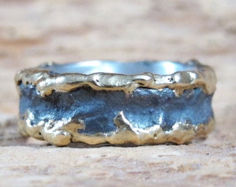 Anello vichingo caos, argento grezzo oro 18kt, matrimonio rustic, oro solido fuso