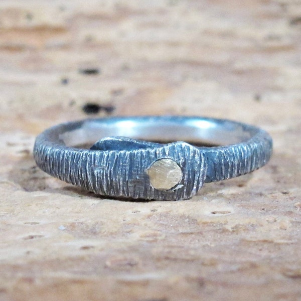 Rustic wedding ring silver gold hammered, wedding ring alternative, thin band ring gold insert, oxidized raw silver stud