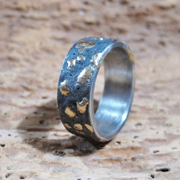 Chaos Viking ring, raw gold silver, rustic wedding, fused gold maxi inserts band ring