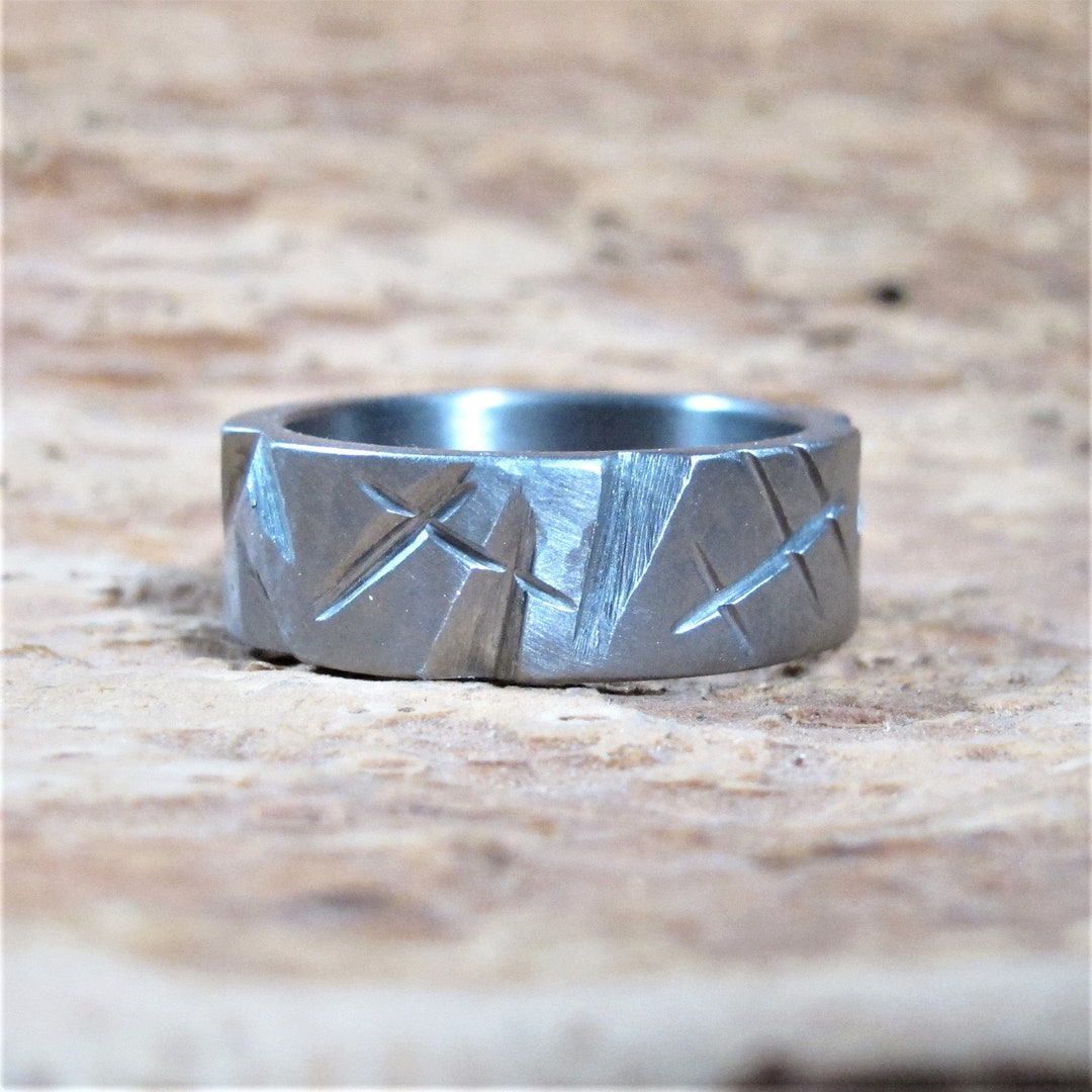 Carved Titanium Titanium Rustic Ring Scratched Titanium Man Etsy
