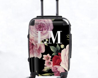 Gepersonaliseerde koffer met zwarte bloemen bloesem initialen | Cabinekoffer | Op maat gemaakte koffer | Bloemenkoffer | Aangepaste bagage | Reisbagage