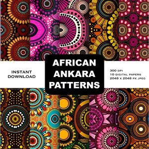Könnte beinhalten: Zehn digitale Papiere mit lebendigen afrikanischen Ankara-Mustern in verschiedenen Farben und Designs. Jedes Muster ist 2048 x 2048 Pixel groß und hat 300 DPI.