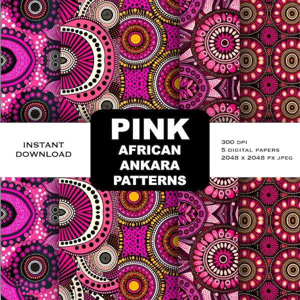 5 Roze Ankara Afrikaans digitaal papier | Afrikaanse wasstof | Plakboek | Achtergronden met hoge resolutie | Patroontexturen | directe download