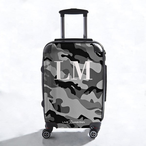 Personalised Grey Camouflage Initials Suitcase | Custom Suitcase | Marble Suitcase | Custom Luggage |Travel | Personalized Luggage