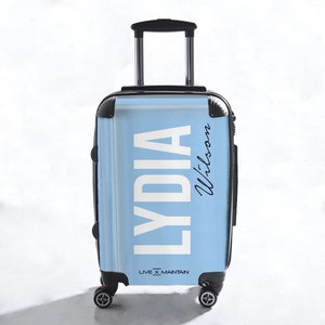 Personalised Baby Blue Side Name Suitcase | Cabin Suitcase |Custom Suitcase | Marble Suitcase |Custom Luggage |Travel | Personalized Luggage