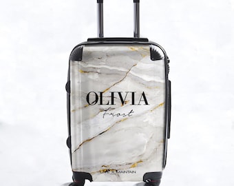 Personalisierter Namenskoffer aus cremefarbenem Marmor | Kabinenkoffer | Maßgeschneiderter Koffer | Marmorkoffer | Maßgeschneidertes Gepäck | Reisen | Personalisiertes Gepäck