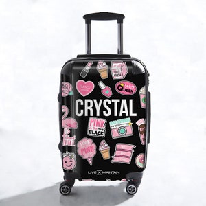 Personalised Pink Sticker Name Suitcase | Cabin Suitcase| Custom Suitcase | Marble Suitcase | Custom Luggage |Travel | Personalized Luggage