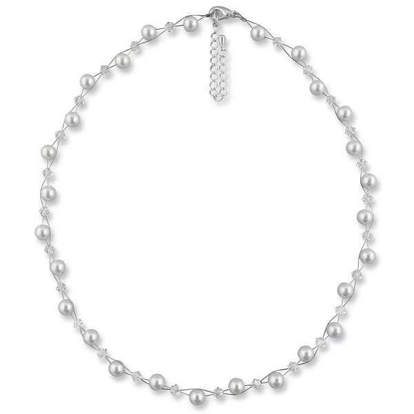 Collier de perles menue, perles crème blanche, 925 argent, strass Swarovski, collier de perles, collier de collier, accessoire de mariée, collier avec perles