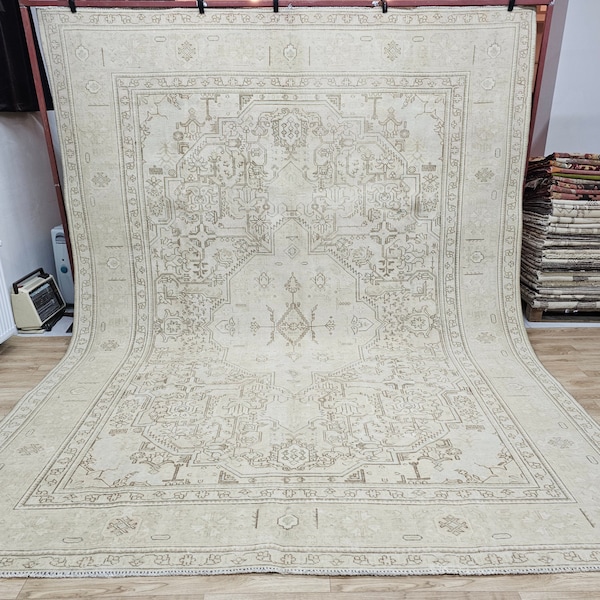 9x12 Neutral Area Rug/ Oversized Vintage Carpet/ Extra Large Natural Wool Rug For Livingroom/ Muted Turkish Oushak Rug/9.70x12.50 feet