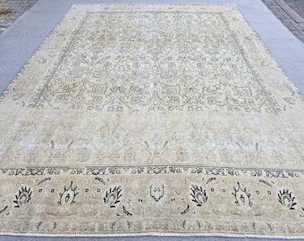 Turkish Rug 10x12, Faded Wheat Beige Wool Area Rug, Neutral All Over Floral Carpet for Living Room, Dining Room, Boho Rustic Decor