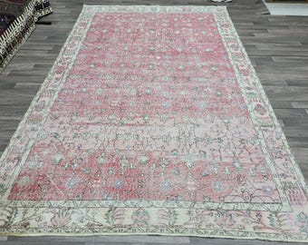 7x10 Vintage Turkish Rug  Cream Pink Oushak Rug Hand knotted Wool Area Rug Floral Living Room Carpet Pastel Oriental Rug