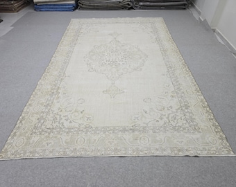 7x11 Oushak Rug Neutral Cream Beige, Vintage Turkish Area Rug for Living Room, Muted Faded Medallion Carpet for Bedroom Farmhouse Decor