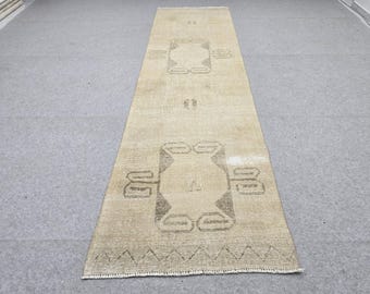 Antique Turkish Runner Rug 3x10, Camel Tribal Hallway Runner, Twin Medallion Wool Kitchen Runner, Boho Foyer Rug for Farmhouse Decor