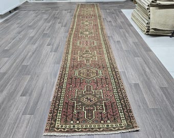 2.5x14 Long Persian Runner Rug for Stair and Hallway - Hand knotted Heriz Runner - Wool Carpet Runner - Narrow and Long Vintage Runner
