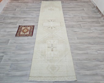 3x12 Neutraal Oushak Runner Rug - Han Geknoopte Wol Turkse Runner Rug voor Hal en Keuken - Boho Runner Rug - Neutrale Vintage Runner