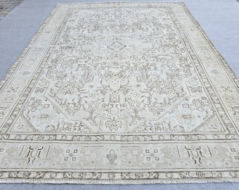 Turkish Rug 8x10, Ivory Bone Beige Wool Area Rug, Tribal Medallion Vintage Carpet for Living Room, Bedroom, Office, Boho Rustic Decor