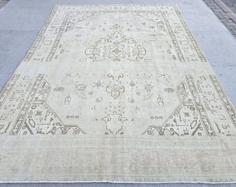 Vintage Rug 8x11, Neutral Ivory Turkish Area Rug, Hand Knotted Bone Beige Wool Carpet for Living Room, Dining Room, Boho Bedroom Decor