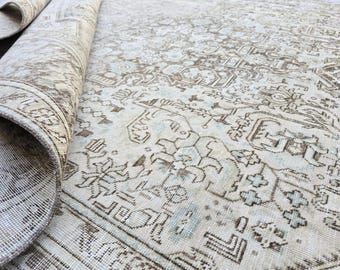Turkish Rug 8x11, Vintage Hand Knotted Wool Rug, Sand Beige Blue Accent Area Rug for Living Room, Faded Tribal Carpet, Farmhouse Decor