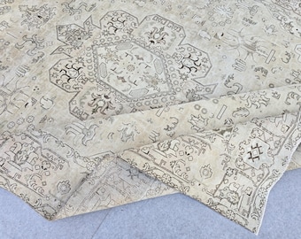 Oushak Rug 10x13, Vintage Hand Knotted Wool Turkish Rug, Ivory Olive Green Medallion Area Rug for Living Room, Large Antique Carpet