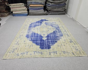 Vintage Turkish Oushak Rug 7x10, Cream Blue Oriental Wool Carpet