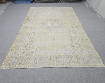 Oushak Rug 7x10, Beige Medallion Antique Turkish Carpet, Faded Muted Handknotted Wool Rug for Living Room Office