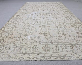Vintage Rug 6x10 Neutral Beige Floral, Hand Knotted Turkish Area Carpet for Living Room Decor