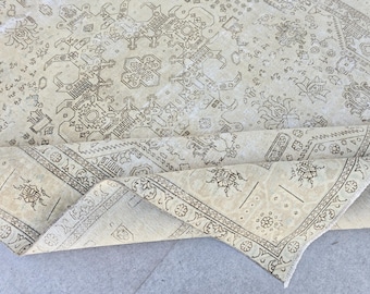 Vintage Rug 9x13, Hand Knotted Wool Turkish Rug, Sand Champagne All Over Neutral Area Rug for Dining Room, Extra Large Faded Carpet