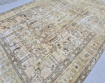 Vintage Rug 8x11, Distressed Hand Knotted Wool Turkish Rug, Faded Pink/Tan Beige Area Rug for Dining Room, Shabby Chic Antique Carpet