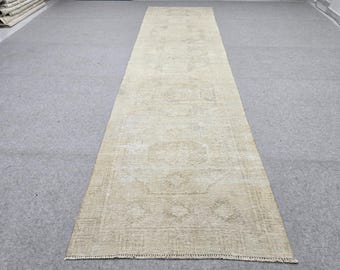 Turkish Rug 3x12 Runner, Vintage Rug for Hallway, Neutral Beige Wool Runner Rug, Cream Kitchen Rug, Boho Entryway Decor, Faded Wool Rug
